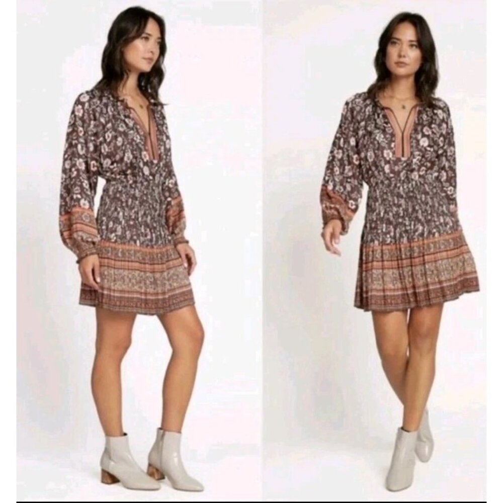 Current Air LA Brown Floral Print Dress Size XS Smocked Waist Mini Pleats